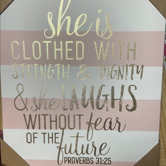 Proverbs 31:25 Pink & White with Gold Writing Canvas Decor - Picture 2 of 3